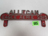 Vintage Allegan Michigan Eagles Club License Plate Topper