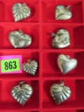 Lot of (8) Sterling Silver Heart Ornaments or Necklace Charms