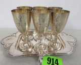 Set of 6 Russian Silver Cordial Shot Glasses with Tray