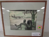 Wwii Era Framed Lithograph Mechainc Working Military Airplanes