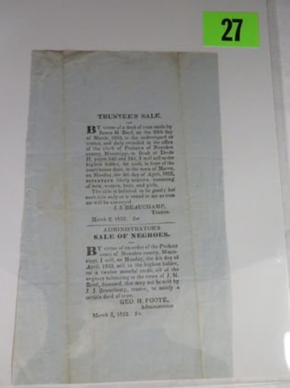1853 Mississippi Trustee's Sale Handbill for Sale of All Negroes in the Estate.