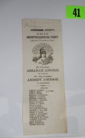 1864 Civil War Era Ohio Union Presidential Ticket/Ballot for Abraham Lincoln