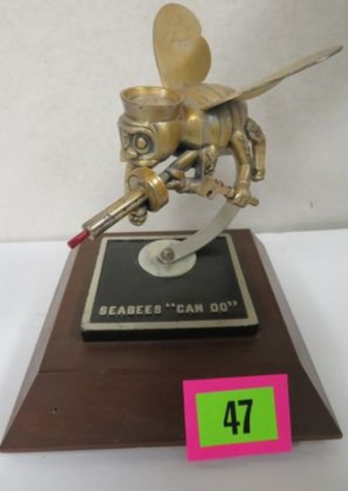 Rare Metal Sculpture on Wooden Base of the SEABEE "Bee"