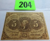 1862 U.S.  5 Cent Postal Currency Note