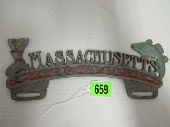 Rare Vintage Massachusetts " Bay State" Metal License Plate Topper W/ Bikini Girl