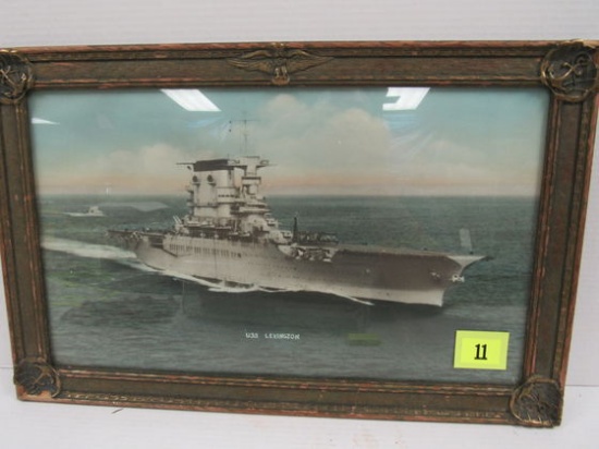 Ca. 1920's Uss Lexington (cv-2) Framed Tinted Photograph In Original Usn Frame