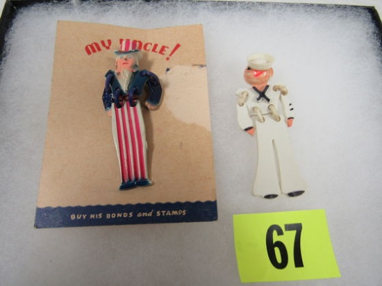 (2) Wwii Us Sweetheart Pins Navy Sailor, Uncle Sam