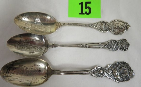 Lot Of (3) Antique Sterling Silver Souvenier Collector Spoons (total Wt. 40 Grams)