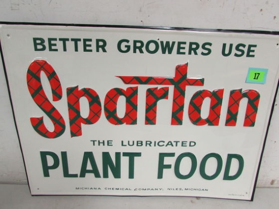 Vintage Spartan Plant Food Embossed Metal Sign, Niles Mi 20" X 27"