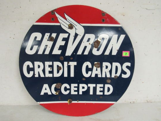 Antique Chevron Gas And Oil Credit Cards Accepted Dbl Sided Porcelain Sign 33.5"