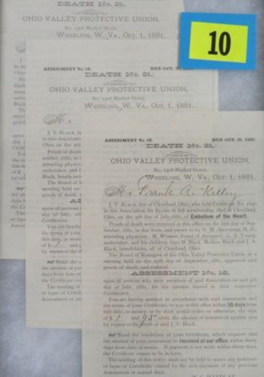 Early Railroad Document Lot - (3) 1881 Insurance Payout Notices