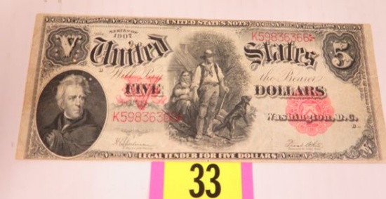 Series 1907 Large Size $5.00 United States Note, Woodchopper Note