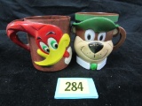 Vintage 1960's Yogi Bear & Woody Woodpecker Plastic Figural Drinking Mugs