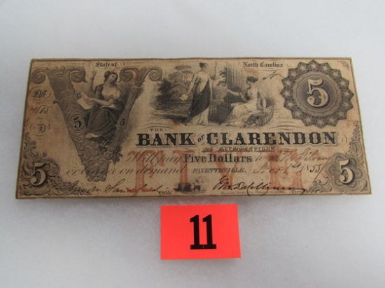 1855 Nc Bank Of Clarendon $5 Bank Note