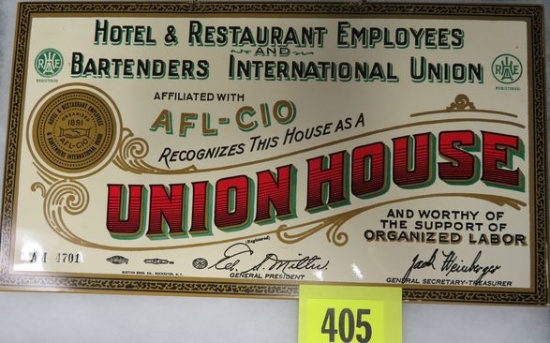 Antique Hotel, Restaurant and Bartenders Union Tin Sign