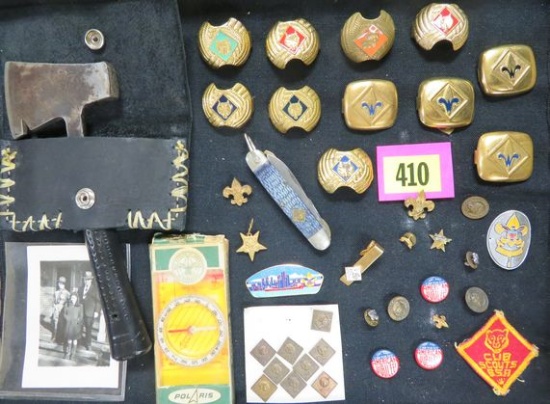 Vintage Boy Scouts Grouping Including Pins, Compass, Knife and More