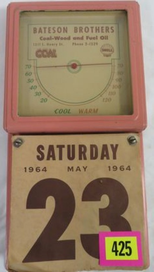 Vintage 1964 Bateson Brothers Shell Gas / Oil Service Station Thermometer -Calendar