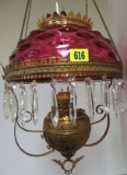 Antique Victorian Hanging Oil Lamp w/ Cranberry Shade