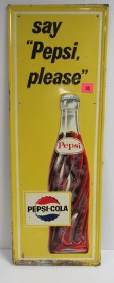 1953 Dated " Say Pepsi Please" Embossed Metal Vertical Bottle Sign
