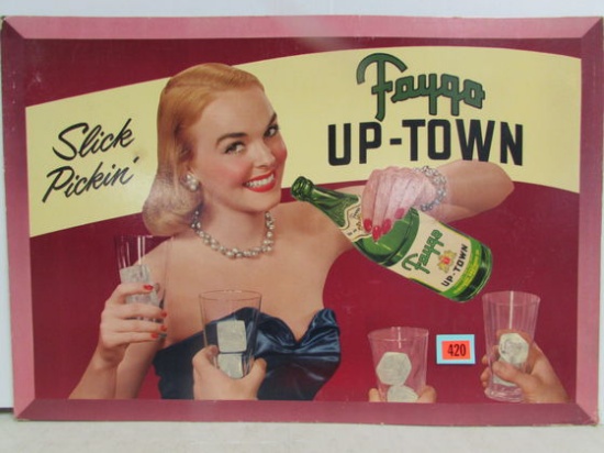 Antique Ca. 1950's Faygo Up-town Soda Cardboard Easel Back Sign