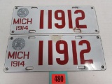 Matching Pair 1914 Michigan Porcelain Automobile License Plates