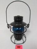 Antique Adlake Railroad Lantern With Aqua Blue Globe