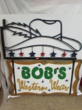 Outstanding Bob's Western Wear Painted Wood / Wrought Iron Sign 54 X 52