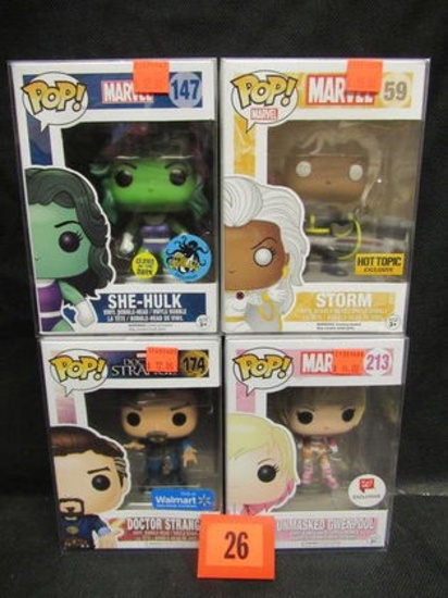 (4) Funko Pop Marvel- Doctor Strange, She-hulk, Storm, Gwenpool