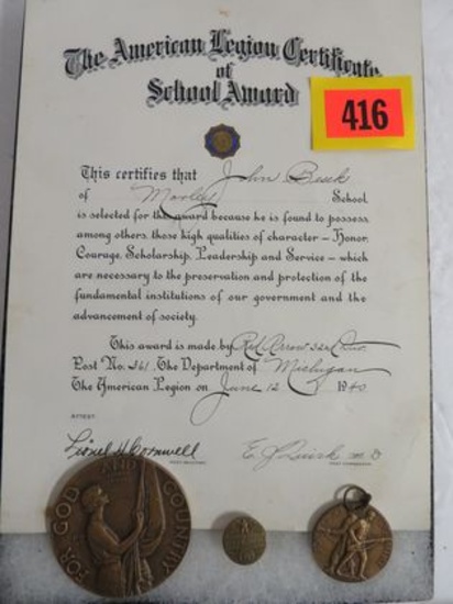 WWII Dated 1940 American Legion School Award Document with Medals