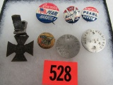 WWI Dog Tags Set, Watch Fob, and Other Patriotic Pin Backs