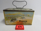 Antique Winner Cut Plug Tobacco Lunchbox Style Tin w/ Race Car Graphics