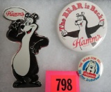 Lot of (3) 1960s Hamms Beer Advertising Items, Inc. 2 Pins and Sticker
