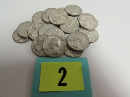 Lot (20) 1964 Us Washington Quarters ($5.00 Face Value) 90% Silver