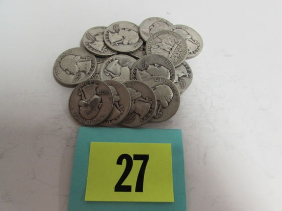 Lot (20) Pre-1964 Us Washington Quarters ($5.00 Face Value) 90% Silver