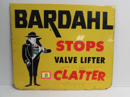 Vintage 1950's Bardahl 17 X 20" Graphic Metal Sign " Stops Valve Lifter Clatter"