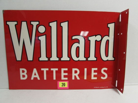 Vintage 1956 Dated Willard Batteries Dbl. Sided Metal Flange Sign 14 X 20"