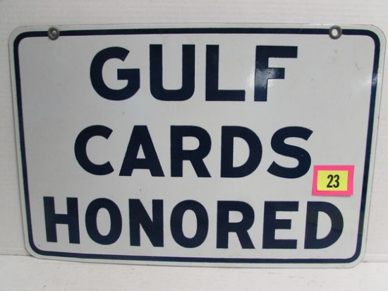 Vintage 1940's/50's Gulf Cards Honored Dbl Sided Porcelain Sign 12 X 18"