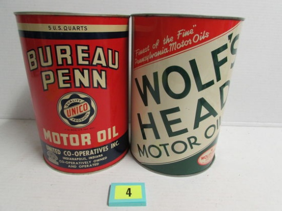 (2) Vintage 5 Qt. Motor Oil Cans Wolf's Head, Bureau Penn