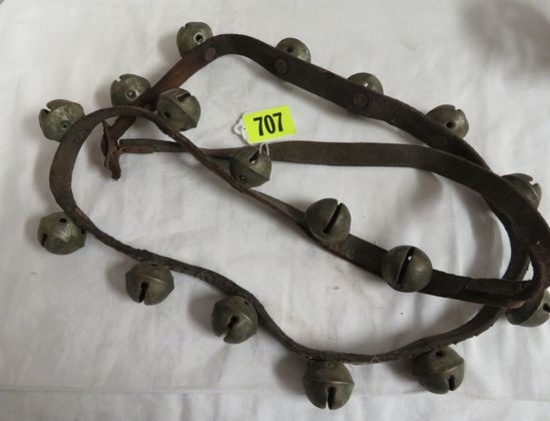 Antique Set of Sleigh Bells on Leather Strap 54"