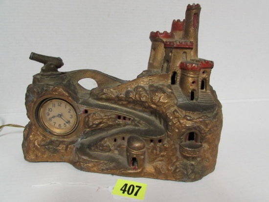 Antique Pot Metal Castle TV Lamp/ Clock
