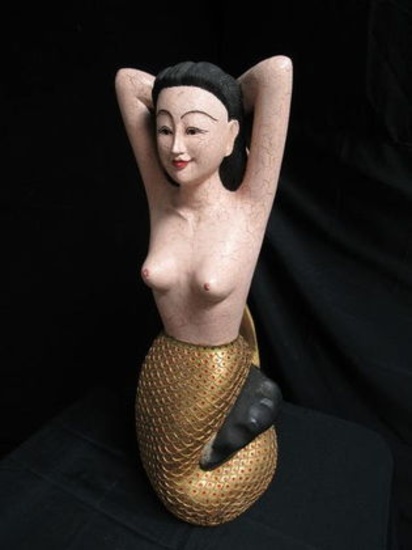 Excellent Carved Wood Jeweled Topless Mermaid