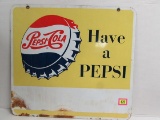 Antique Pepsi Cola Dbl. Sided Porcelain Sign 25.5 x 28