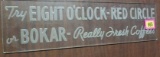 Antique Eight O'clock-Red Circle Coffee Etched Glass sign 6 x 22