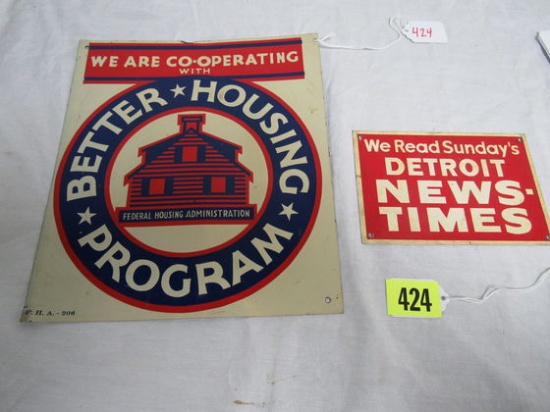 Lot (2) Vintage Tin Signs. Detroit News & Federal Housing Admin.