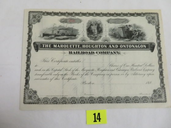 1880's Marquette Railroad Stock Cert.