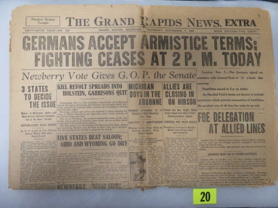 WW I 1918 War Ends Newspaper