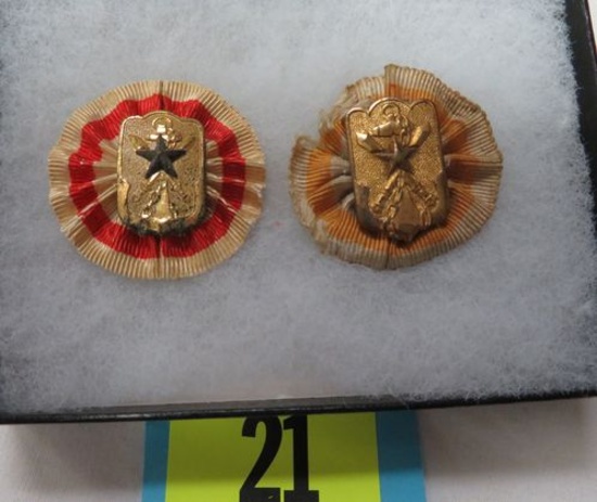 Pair of WWII Japanese Army / Navy Veteran's Small Badges with Cloth Rosettes