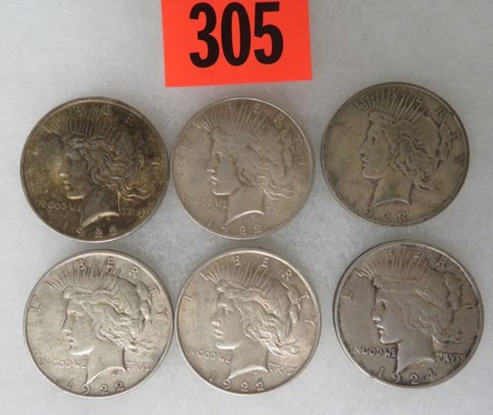 Lot of (6) US Peace Silver Dollars Inc. (4) 1922, 1923, 1924