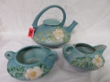 Roseville Pottery White Rose Teapot w/ Cream and Sugar in Blue