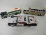 Lot of (3) Vintage Japan Tin Litho Vehicles Inc. Police Car, Greyhound Bus, and Continental Trailway